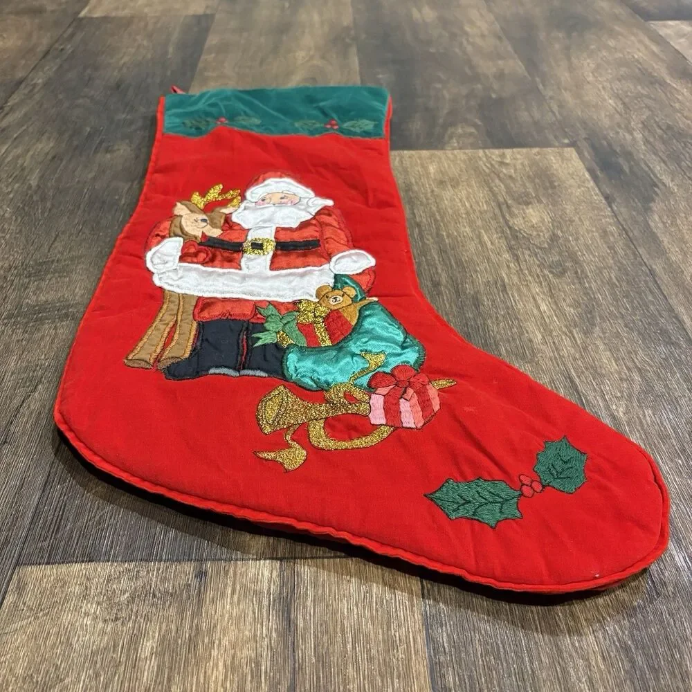 L'art de Chine Embroidered Santa Reindeer Christmas Stocking Red Green 23